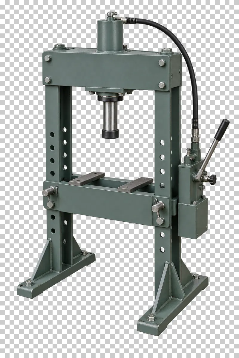 A complete h-frame hydraulic press with its integral base, photographed from a three-quarter view and isolated on a transparent background.
