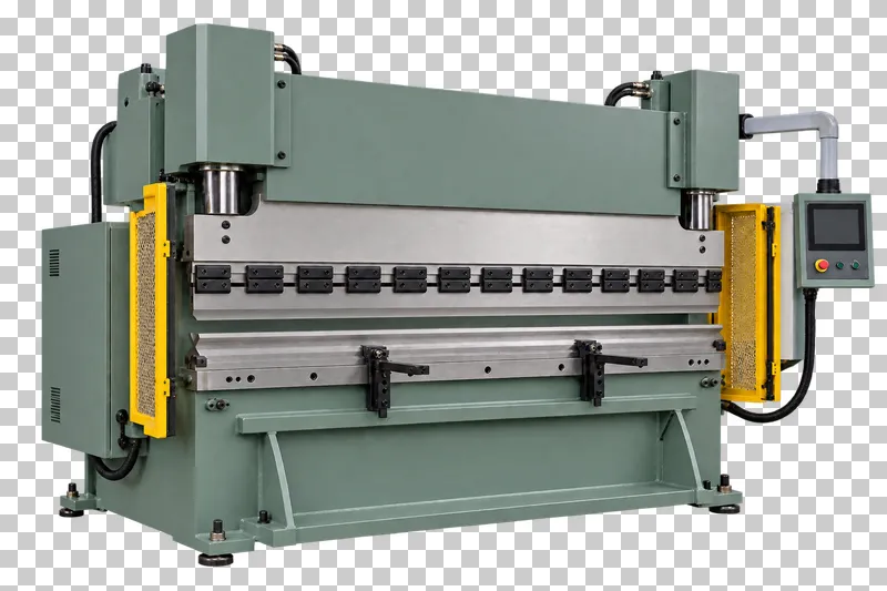 A complete press brake with its integral base, photographed from a three-quarter view and isolated on a transparent background.