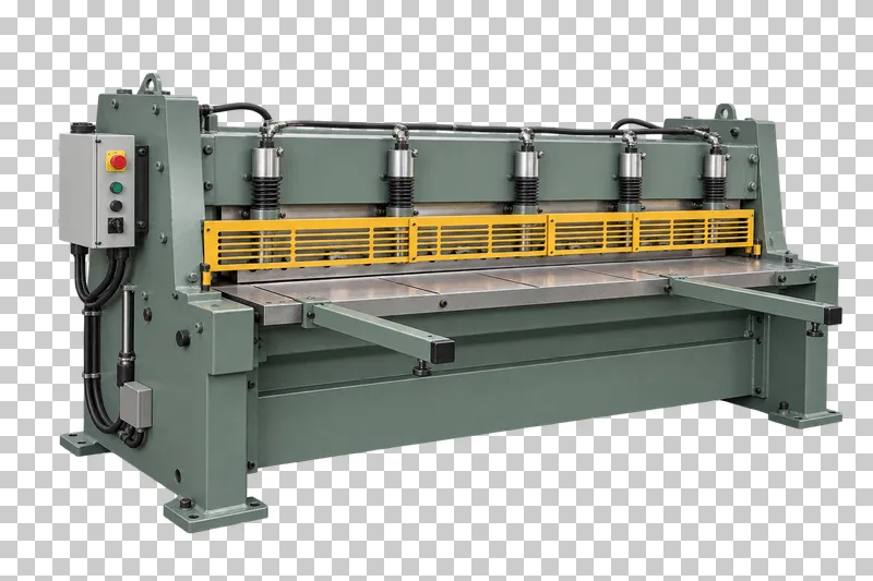 A complete sheet metal guillotine with its integral base, photographed from a three-quarter view and isolated on a transparent background.
