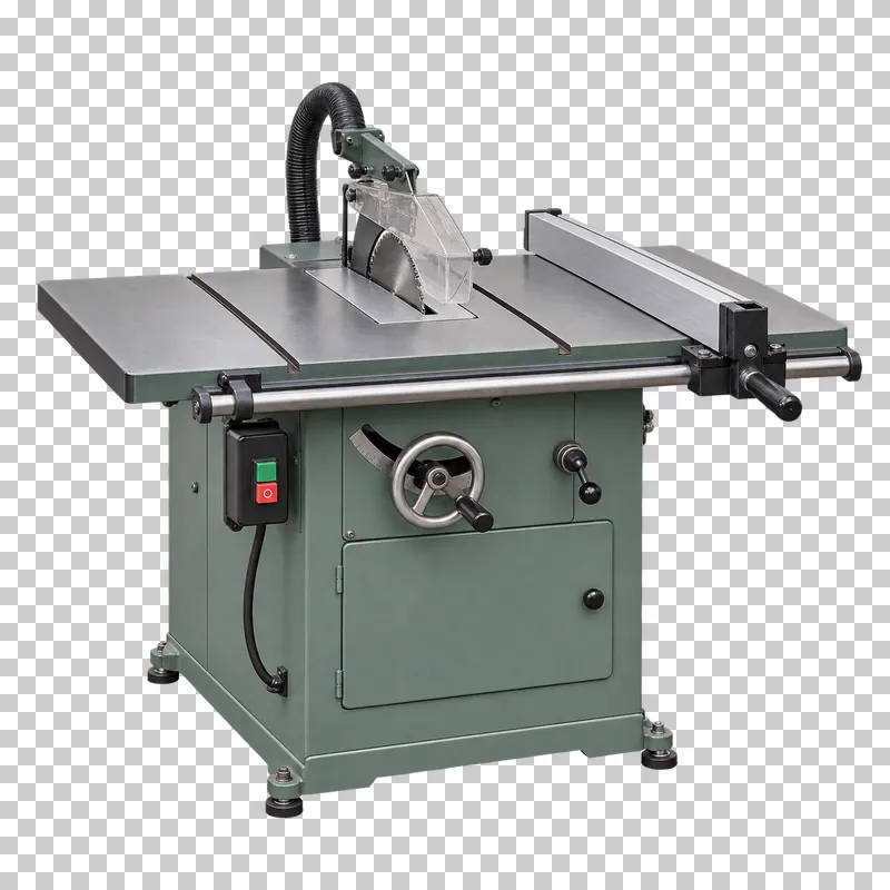 A complete table saw with its integral base, photographed from a three-quarter view and isolated on a transparent background.