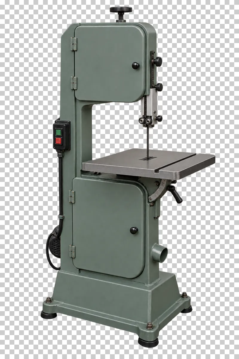 A complete vertical wood bandsaw with its integral base, photographed from a three-quarter view and isolated on a transparent background.