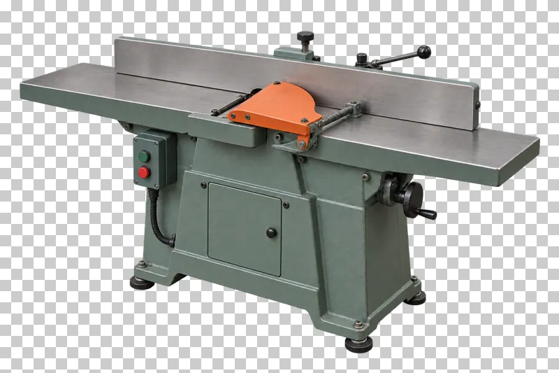 A complete wood jointer with its integral base, photographed from a three-quarter view and isolated on a transparent background.