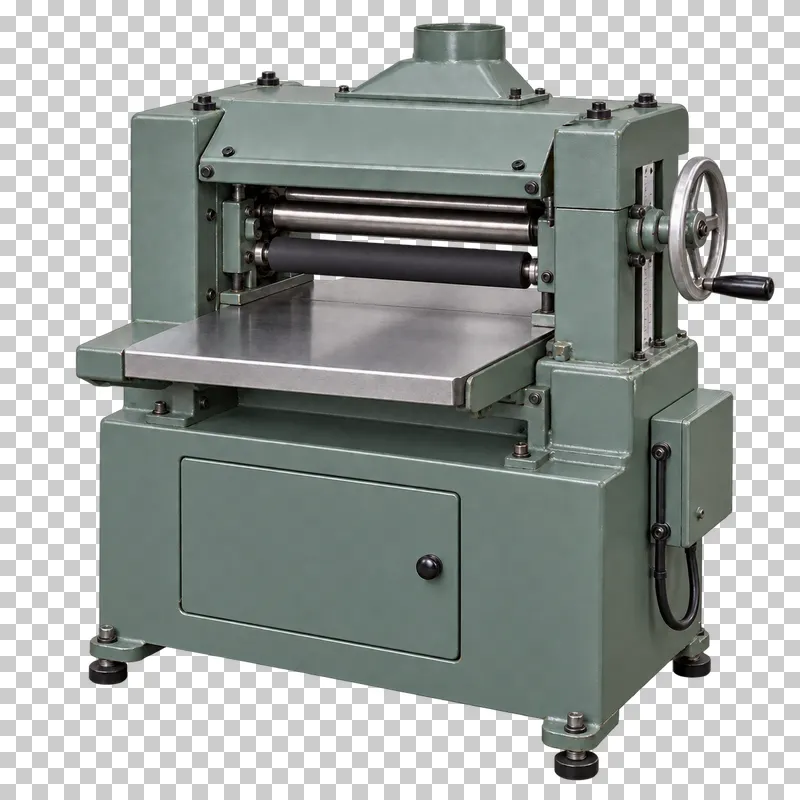 A complete thickness planer with its integral base, photographed from a three-quarter view and isolated on a transparent background.