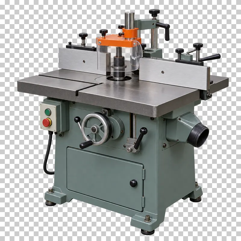 A complete spindle moulder with its integral base, photographed from a three-quarter view and isolated on a transparent background.