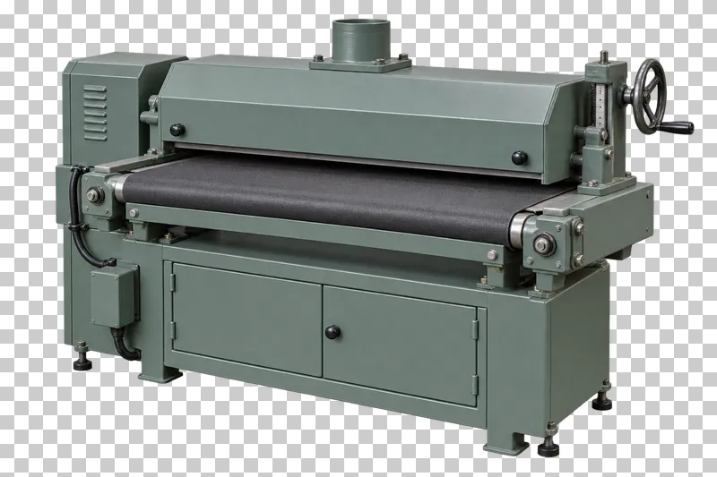 A complete drum sander with its integral base, photographed from a three-quarter view and isolated on a transparent background.