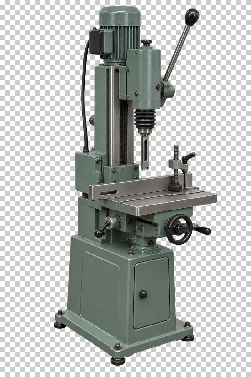 A complete mortising machine with its integral base, photographed from a three-quarter view and isolated on a transparent background.