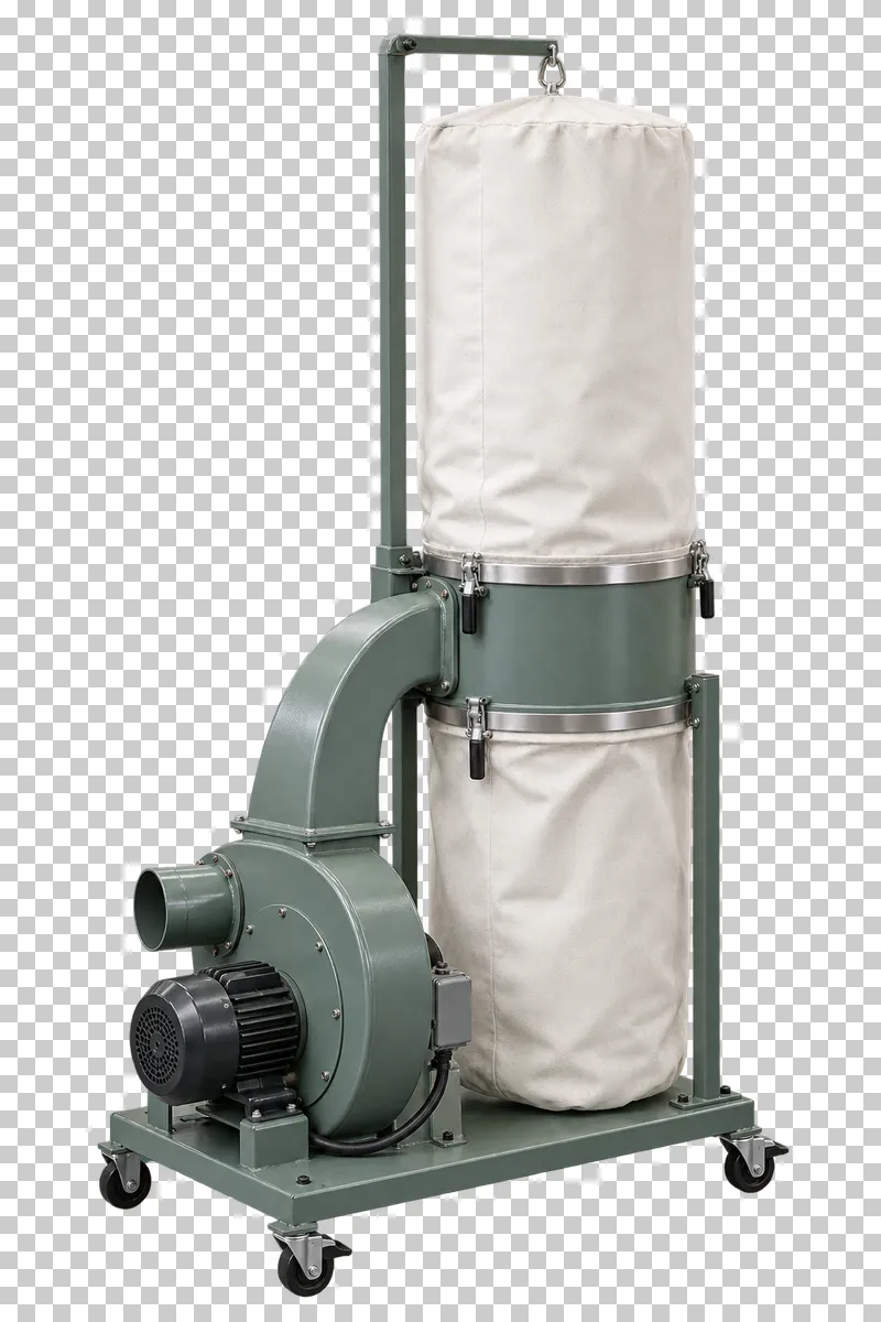 A complete bag dust collector with its integral base, photographed from a three-quarter view and isolated on a transparent background.