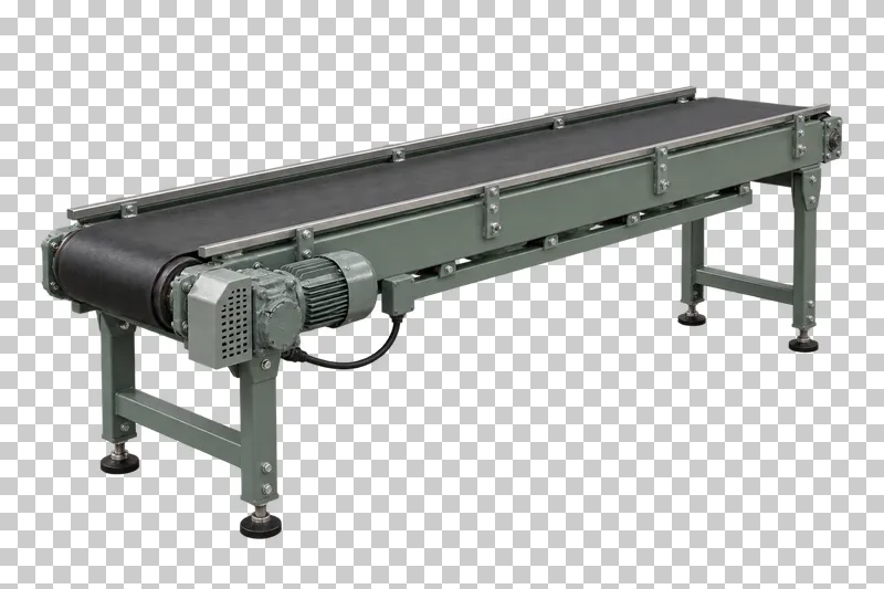 A complete belt conveyor with its integral base, photographed from a three-quarter view and isolated on a transparent background.
