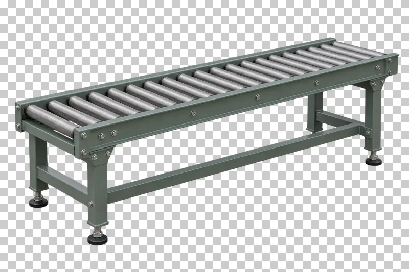 A complete roller conveyor with its integral base, photographed from a three-quarter view and isolated on a transparent background.