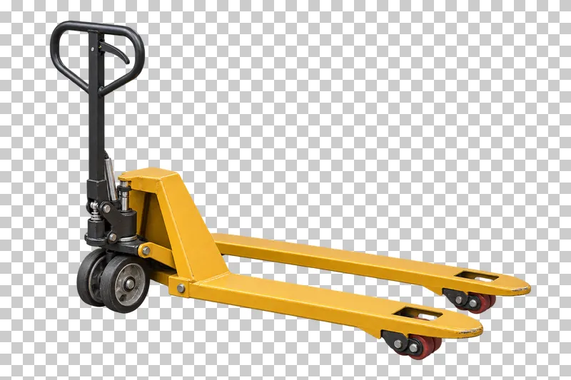 A complete manual pallet jack with its integral base, photographed from a three-quarter view and isolated on a transparent background.