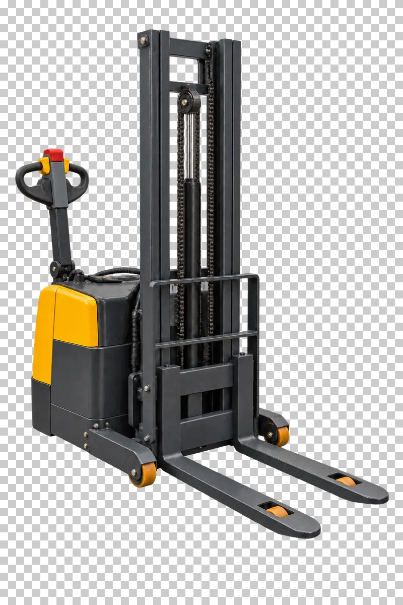 A complete electric walk-behind stacker with its integral base, photographed from a three-quarter view and isolated on a transparent background.