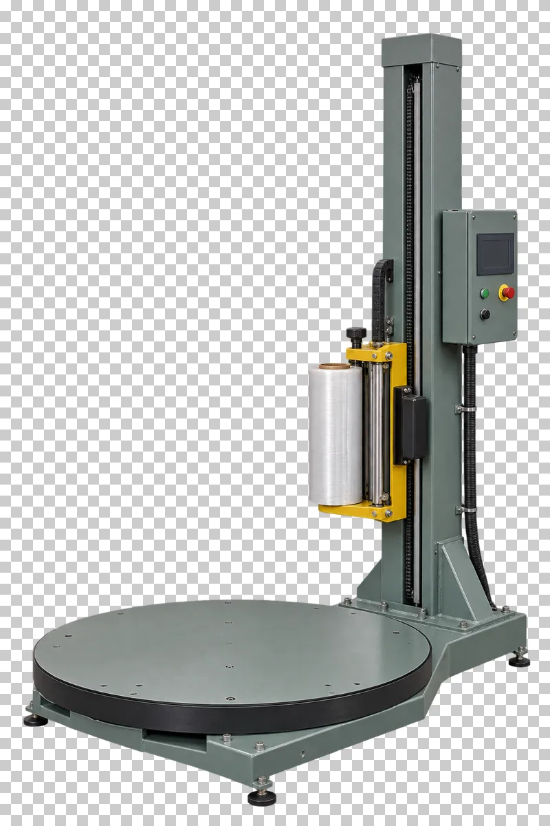 A complete pallet stretch wrapper with its integral base, photographed from a three-quarter view and isolated on a transparent background.