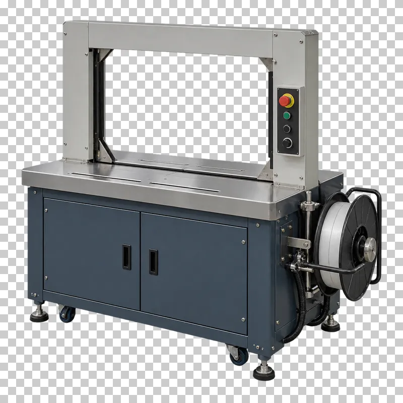 A complete automatic strapping machine with its integral base, photographed from a three-quarter view and isolated on a transparent background.