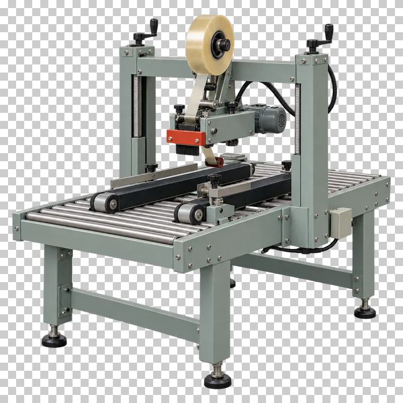A complete carton sealing machine with its integral base, photographed from a three-quarter view and isolated on a transparent background.