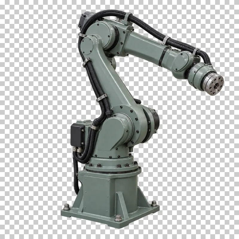 A complete six-axis industrial robot with its integral base, photographed from a three-quarter view and isolated on a transparent background.
