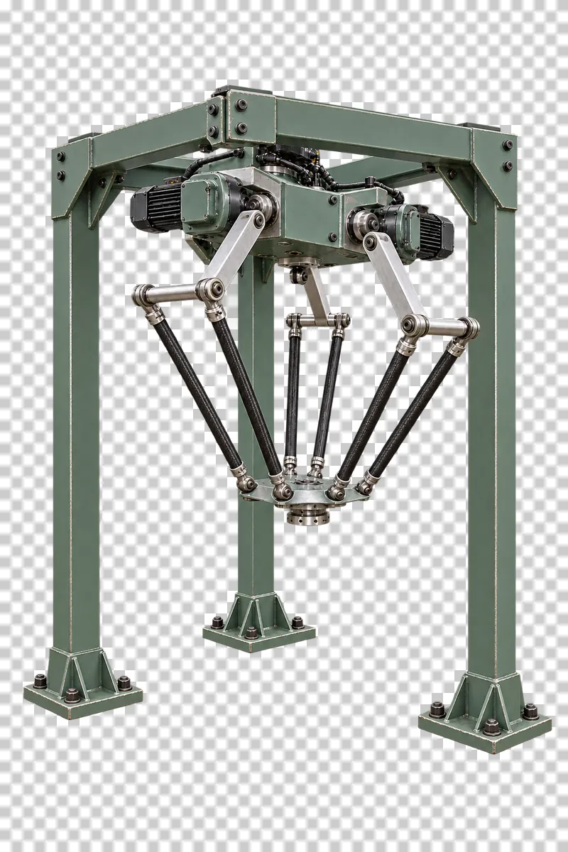 A complete frame-mounted delta robot with its integral base, photographed from a three-quarter view and isolated on a transparent background.