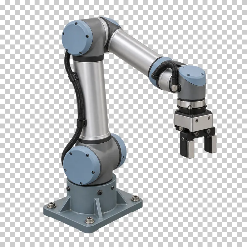 A complete collaborative robot with gripper with its integral base, photographed from a three-quarter view and isolated on a transparent background.