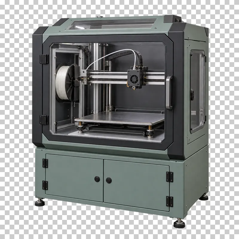 A complete enclosed fdm 3d printer with its integral base, photographed from a three-quarter view and isolated on a transparent background.