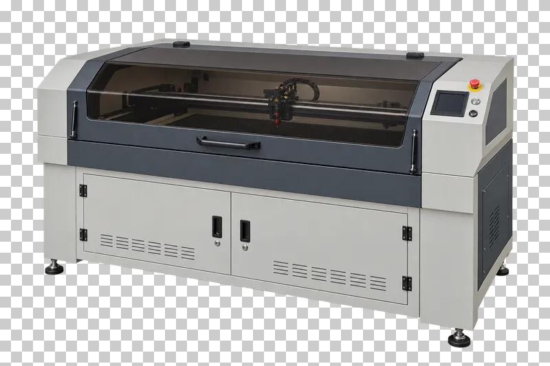 A complete laser cutter with lid with its integral base, photographed from a three-quarter view and isolated on a transparent background.
