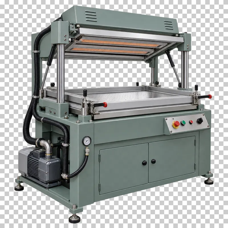 A complete vacuum forming machine with its integral base, photographed from a three-quarter view and isolated on a transparent background.