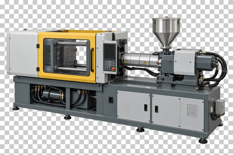 A complete plastic injection molding machine with its integral base, photographed from a three-quarter view and isolated on a transparent background.