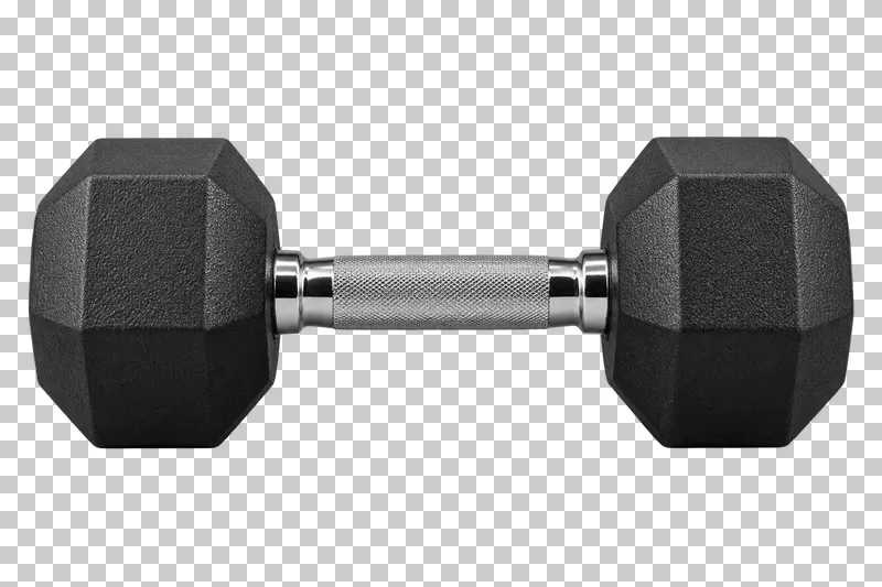 A black rubber hex dumbbell with matching hexagonal heads and a knurled steel handle.