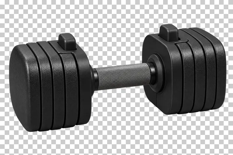 A black adjustable dumbbell with a centered handle and integral weight selector mechanism.
