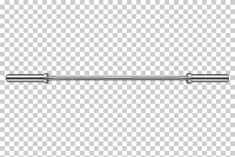 An empty steel Olympic barbell with a straight knurled shaft and matching sleeves.