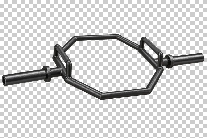An empty steel trap bar with a connected hexagonal frame and raised handles.
