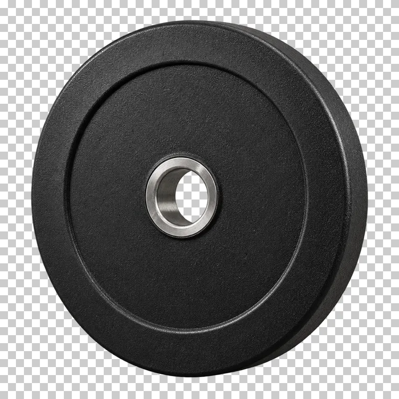 A black rubber bumper plate with a circular center opening and steel insert.