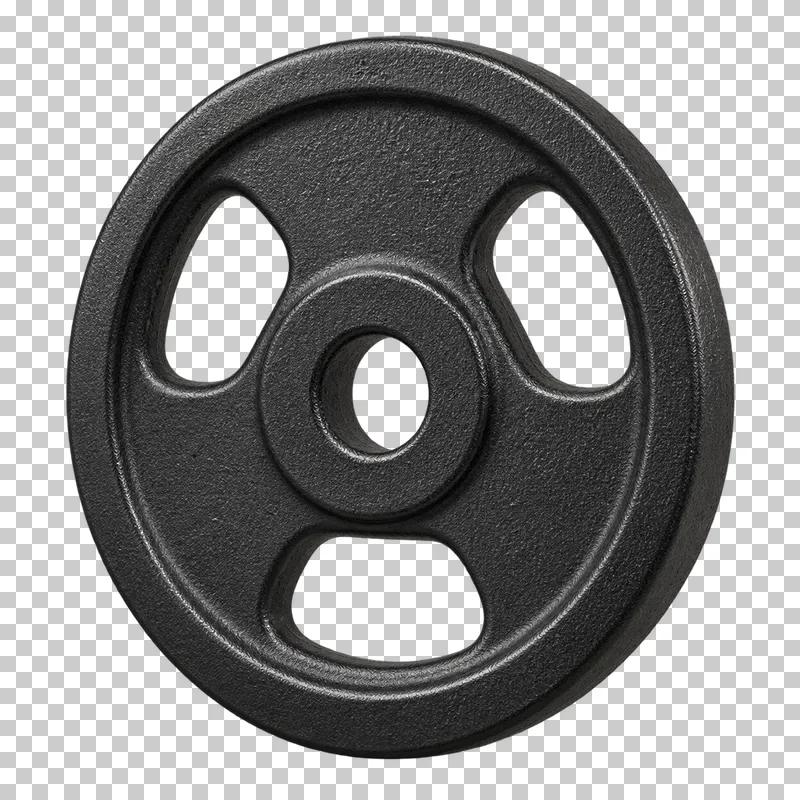 A textured cast-iron weight plate with a center opening and three grip openings.