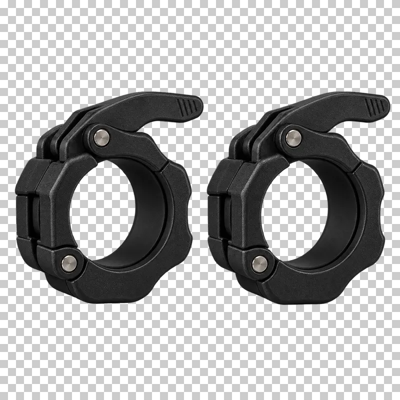 A pair of black barbell collars with open circular bores and locking levers.