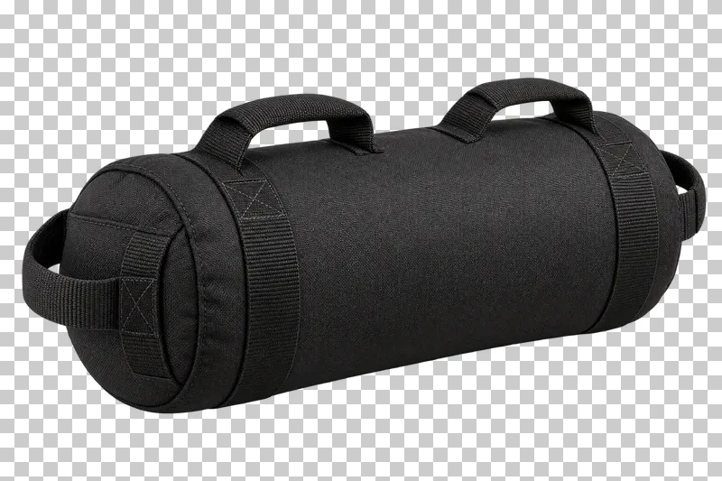 A black woven training sandbag with integral carrying handles.
