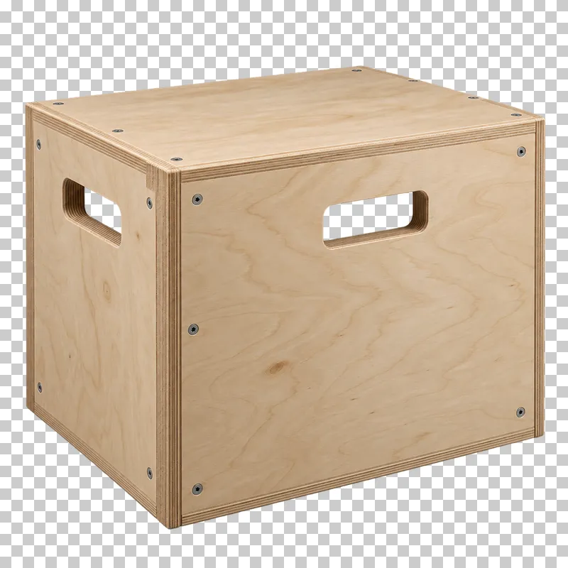 A natural plywood plyometric box with visible wood grain and carrying openings.