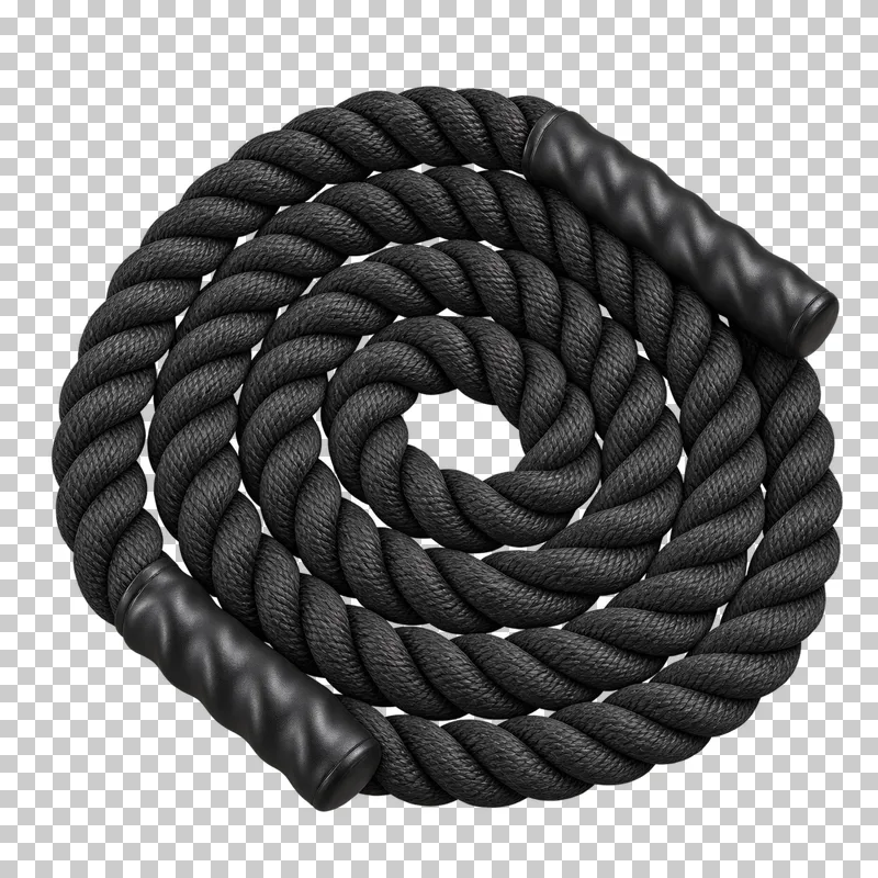 A dark battle rope in a compact coil with two integral end grips.