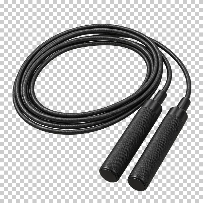 A coiled jump rope with two black handles and a continuous cable.