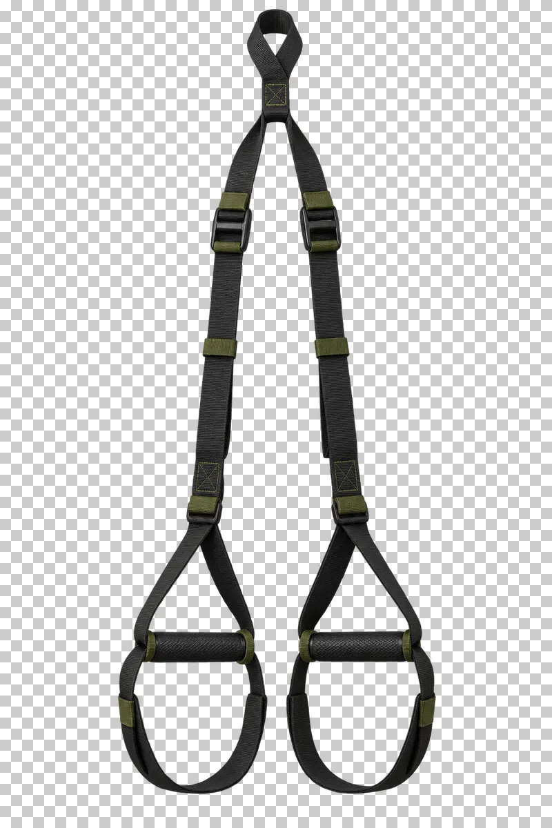 Black suspension training straps with muted olive accents, handles and foot cradles.