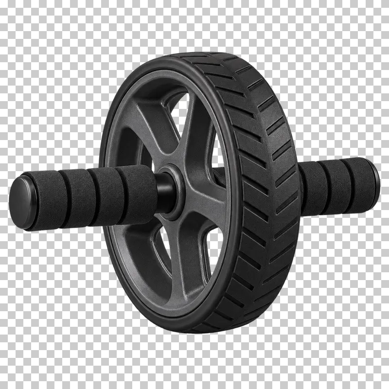 A black abdominal exercise wheel with two axle-mounted handles.