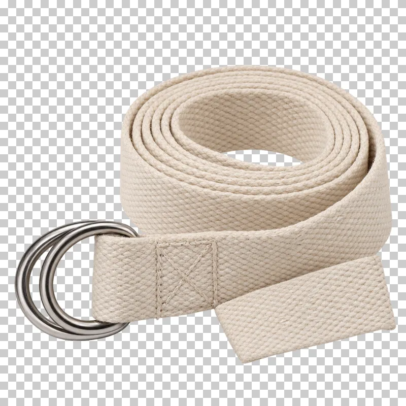 An ivory woven yoga strap with metal D-ring fasteners.