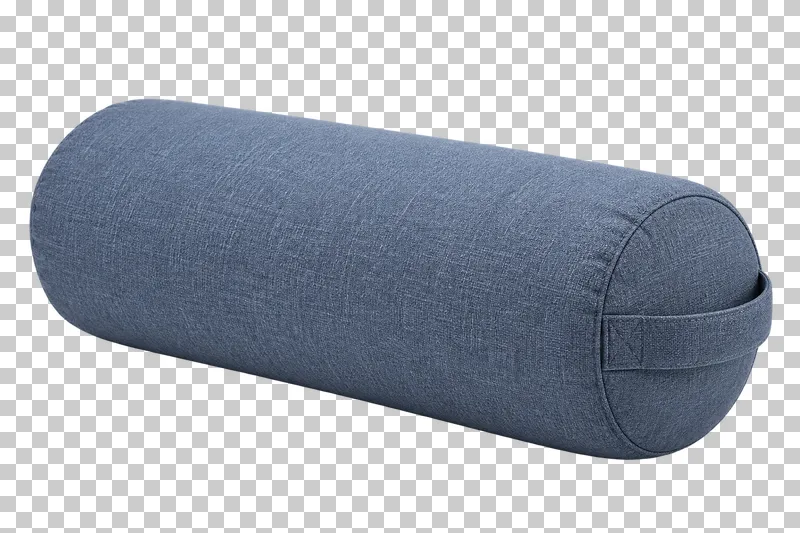 A muted slate-blue cylindrical yoga bolster with a carrying handle.