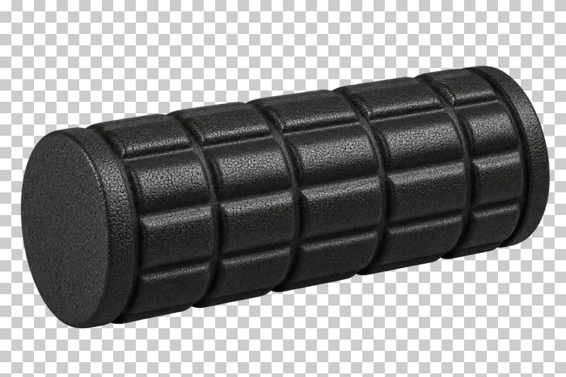 A black textured foam roller shown horizontally.