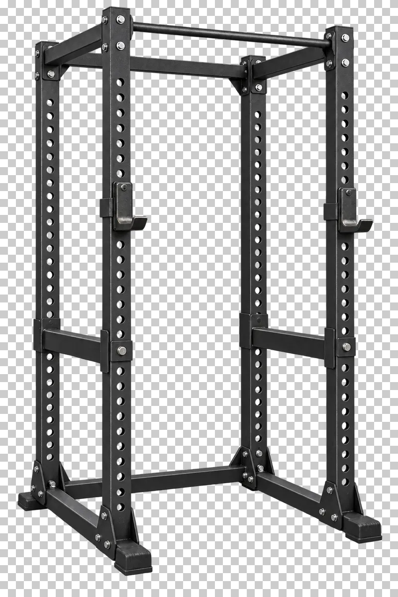 An empty graphite power rack with four connected uprights, J-hooks and safety rails.