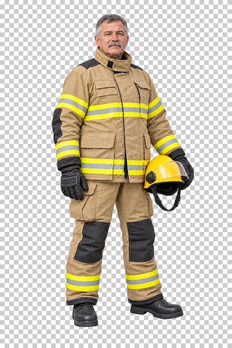 Male firefighter in tan turnout gear holding a yellow helmet beside his hip, isolated on a transparent background
