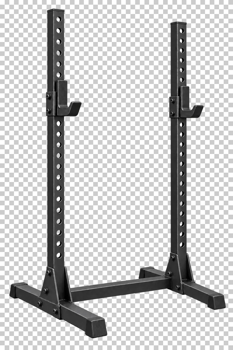 An empty graphite squat stand with two joined uprights, J-hooks and base feet.