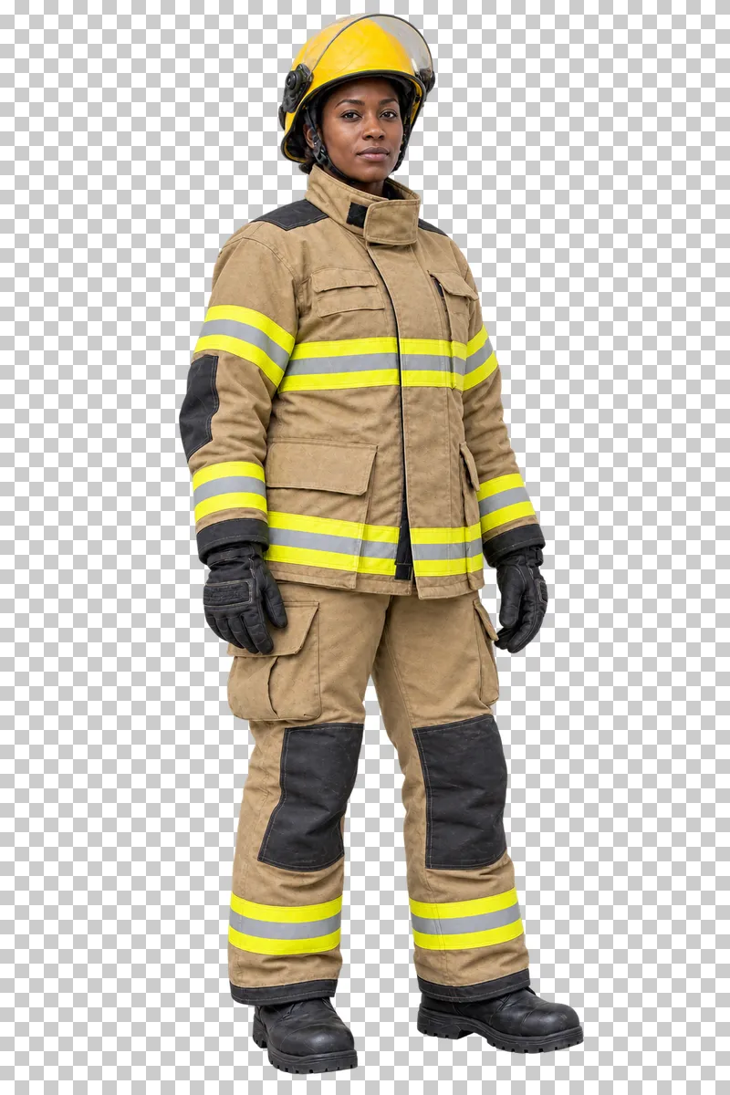Female firefighter wearing a yellow helmet and tan reflective turnout gear, isolated on a transparent background