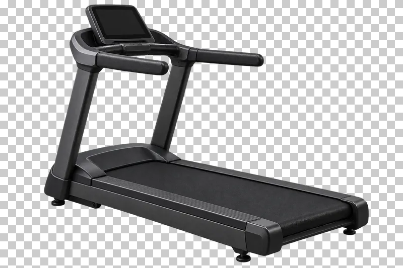 A black treadmill with a complete running deck, handrails and switched-off screen.