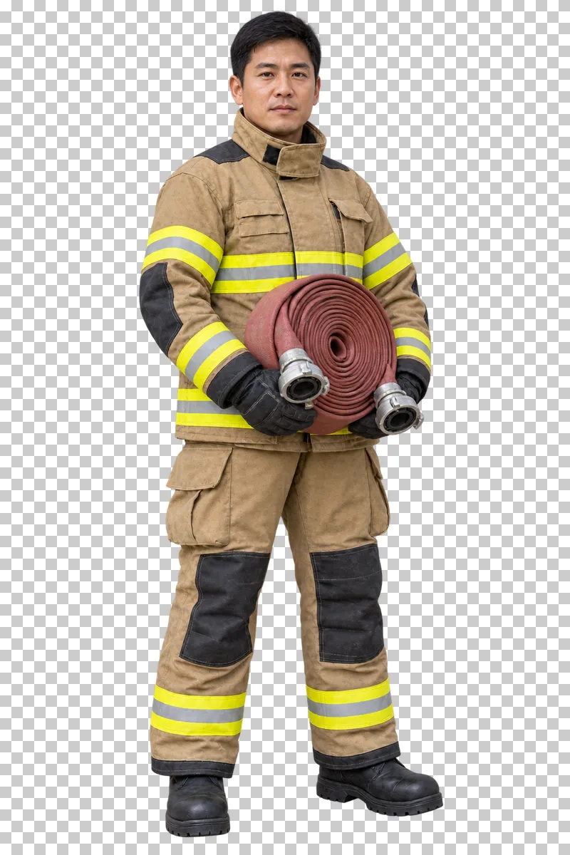 Male firefighter supporting a coiled fire hose with both hands, isolated on a transparent background