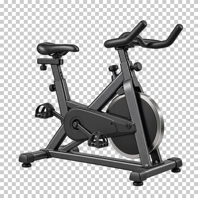 A graphite spin bike with a complete flywheel, saddle, handlebars and two connected pedals.