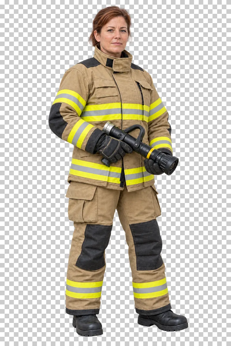 Female firefighter holding a fire hose nozzle with both hands, isolated on a transparent background