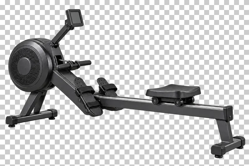 A black rowing machine with a sliding seat, long rail, footrests and stored rowing handle.